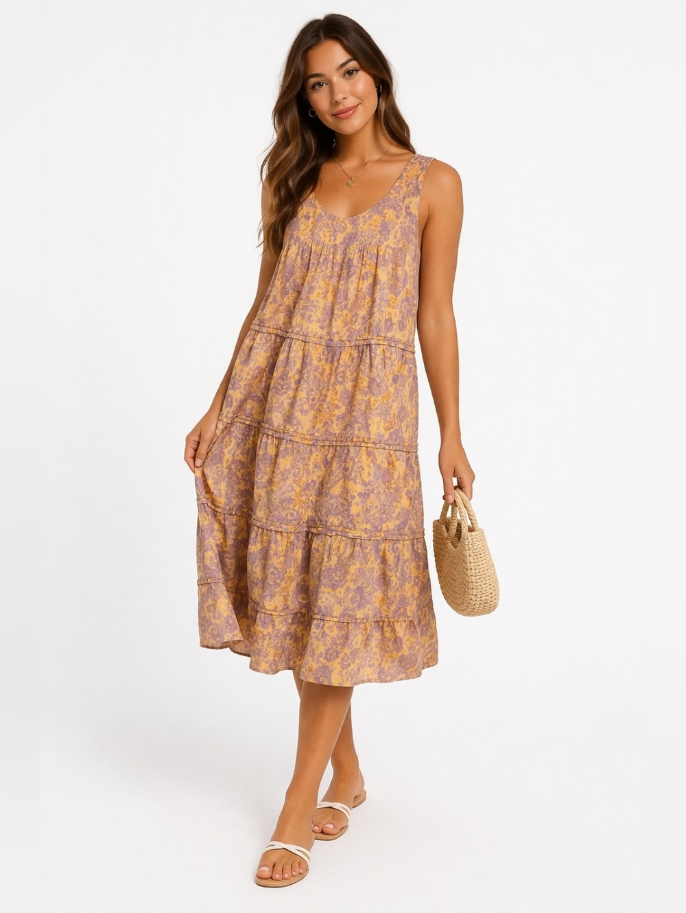 J Jill Linen Tiered Midi Dress Sleeveless Summer Ruffle Yellow Purple Large